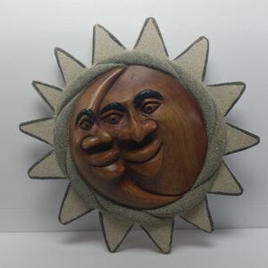 Wood Carved Celestial Sun And Moon Folk Art Sunburst Wall Hanging Home Decor